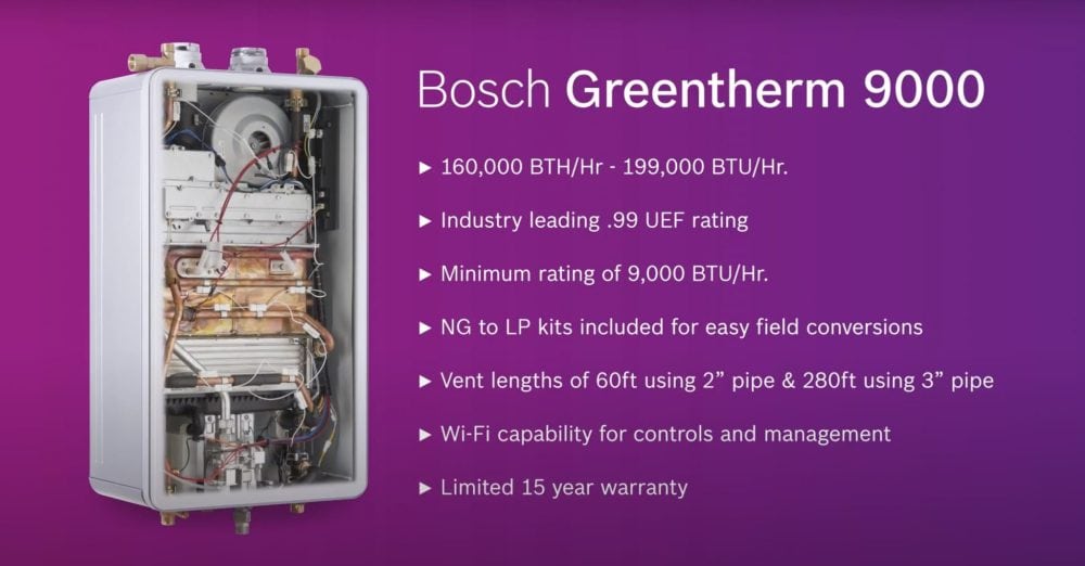Features of the Bosch Greentherm-9900i-SE Tankless Water Heater installed on Holmes Family Rescue job site.