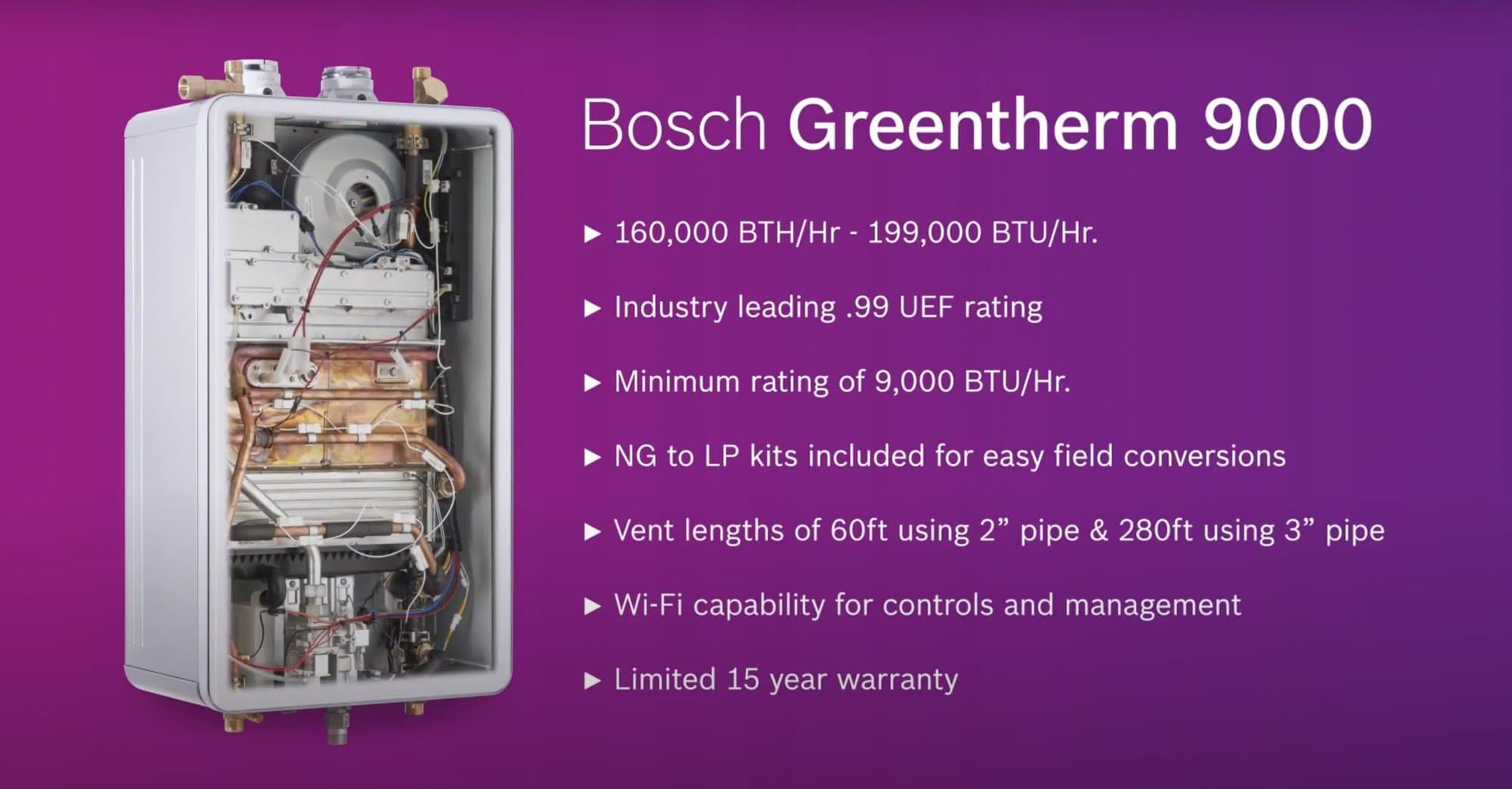 Gas Tankless Water Heater Bosch Greentherm 9000 and its benefits for homeowners and contractors