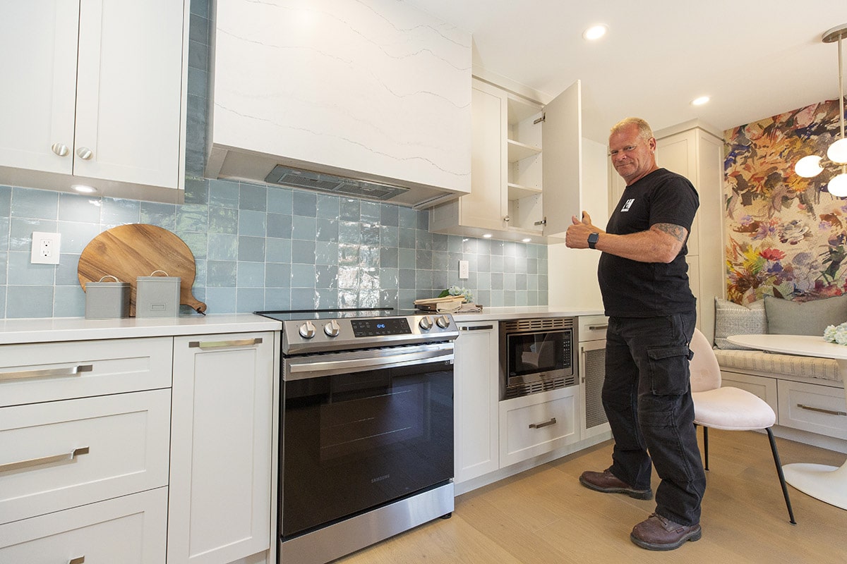 Mike Holmes. Every receptacle installed in kitchens must be GFCI-protected. Kitchen renovation from Holmes Family Rescue Season 1.