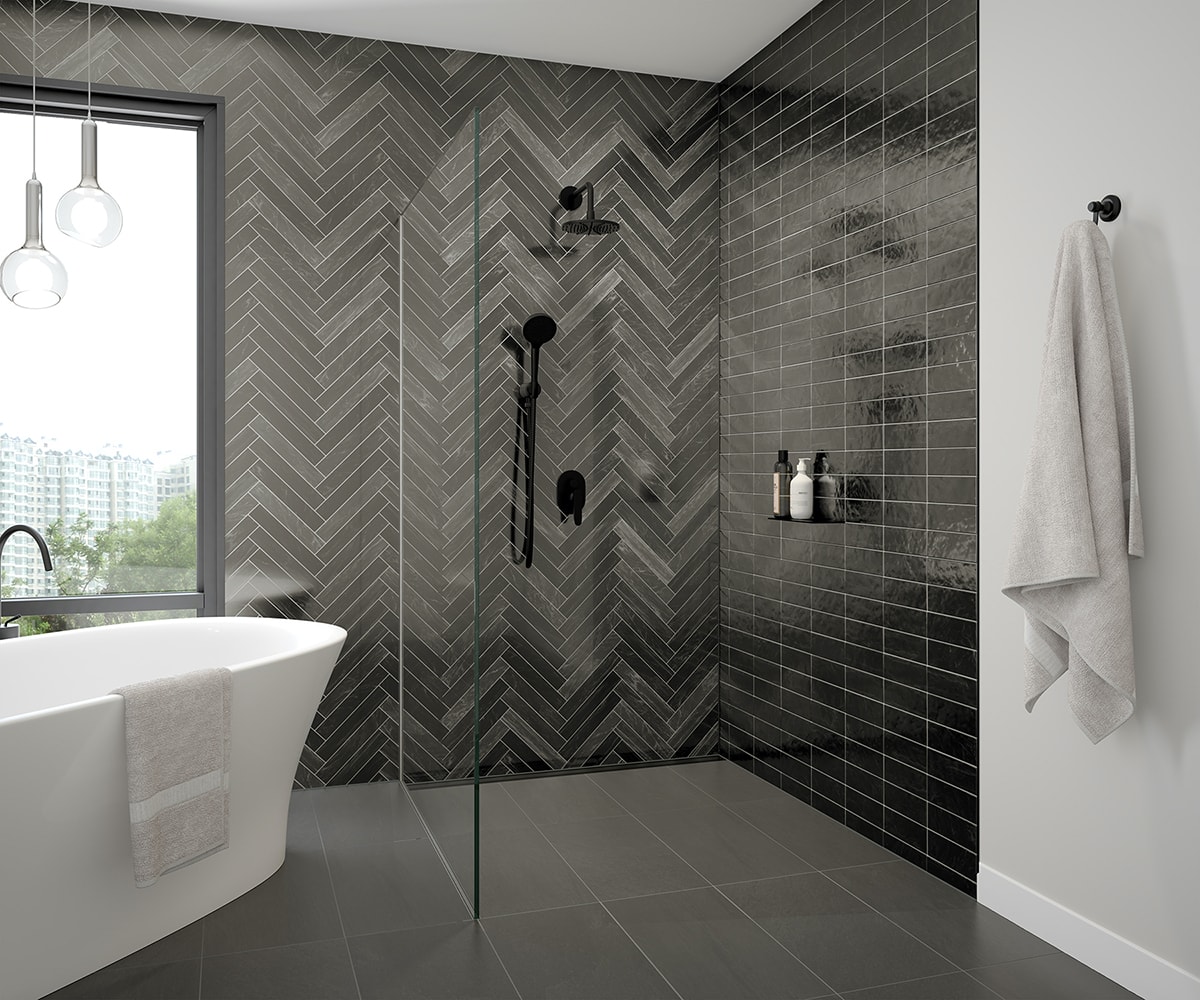 Schluter Linear Drain and matte black shelf fixtures in bathroom.