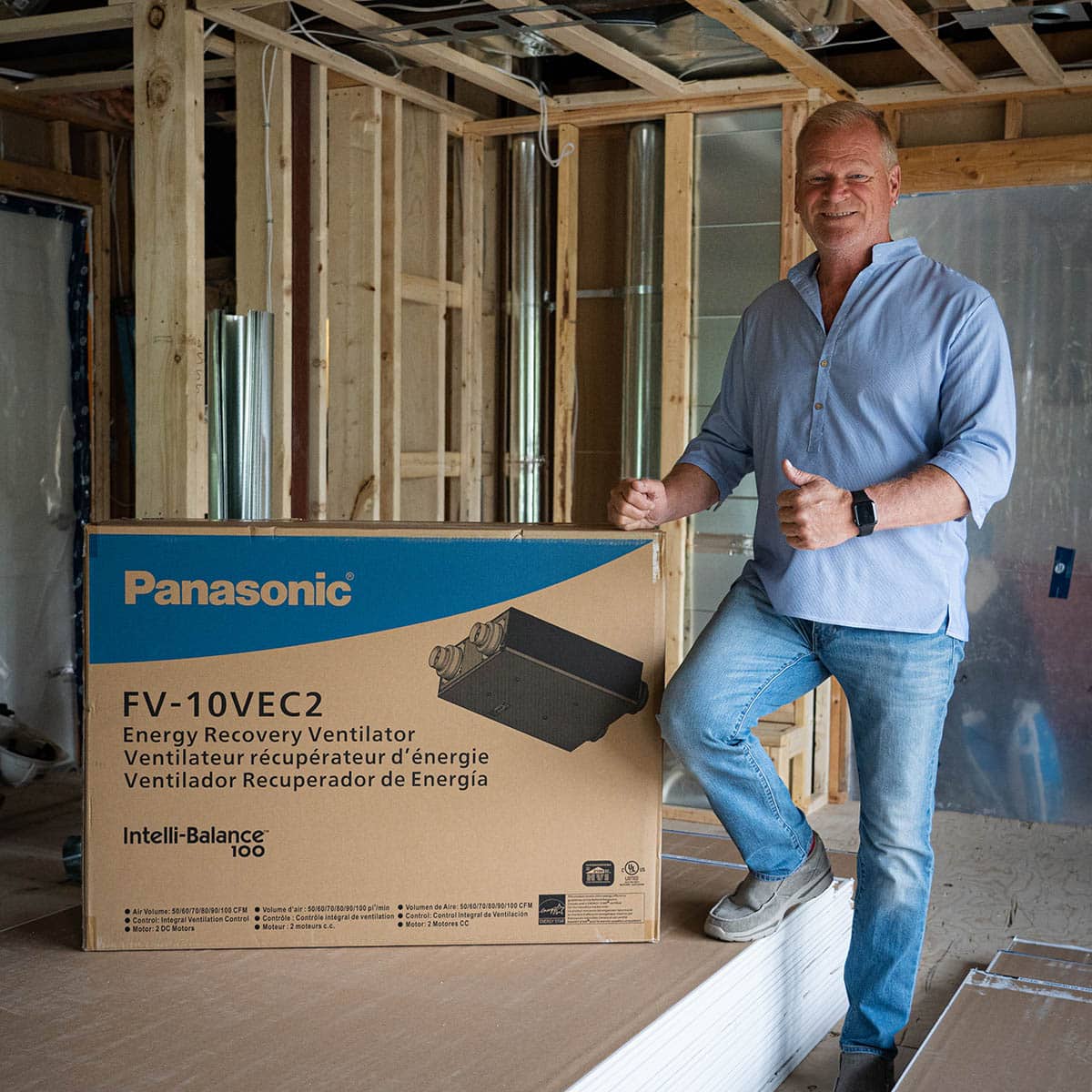 Mike Holmes installing a Panasonic ERV (energy recovery ventilator) in his home.