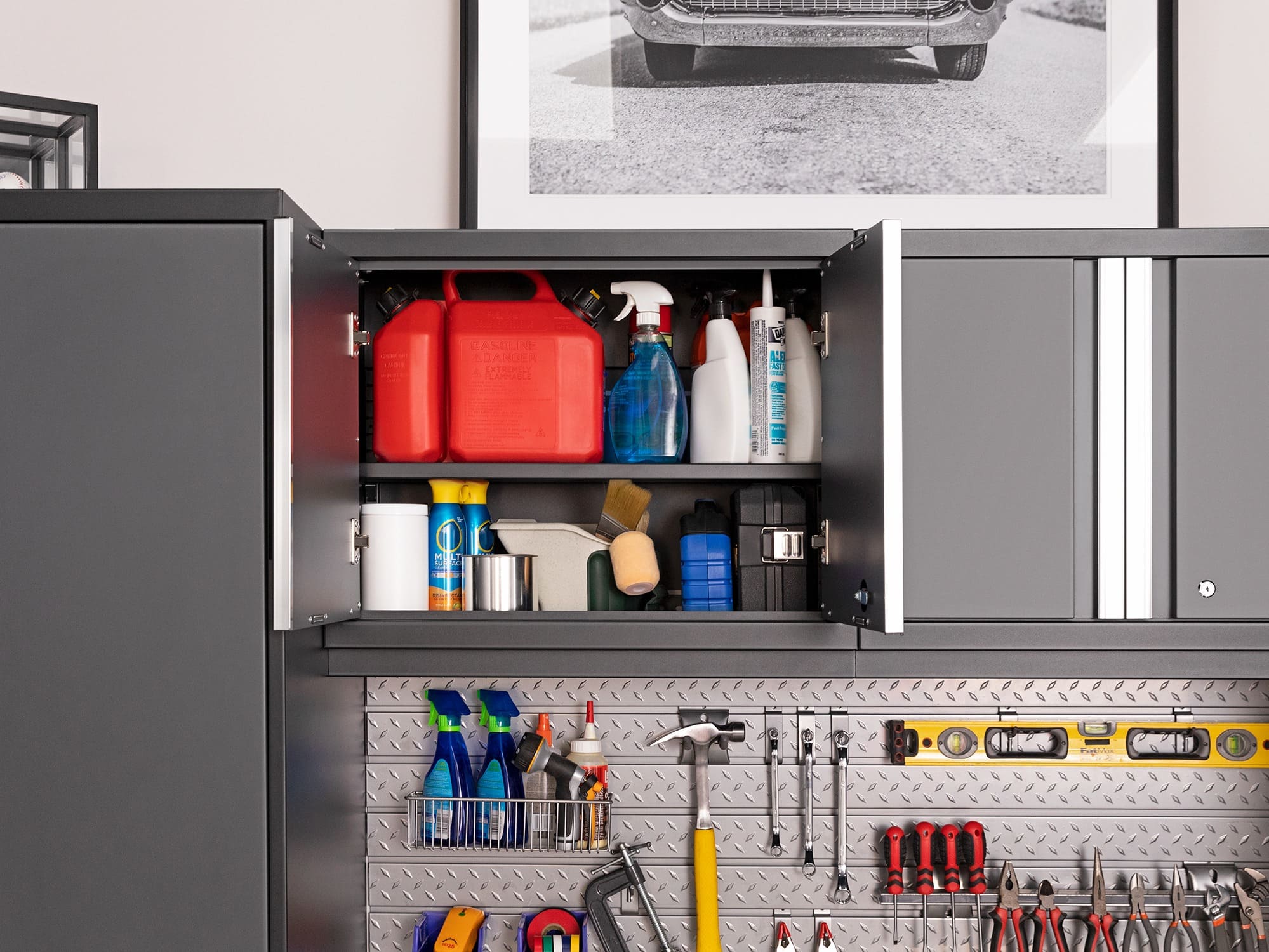 Wall cabinets are great for storing your cleaning supplies and other smaller items. Image from NewAge ProSeries Cabinetry.