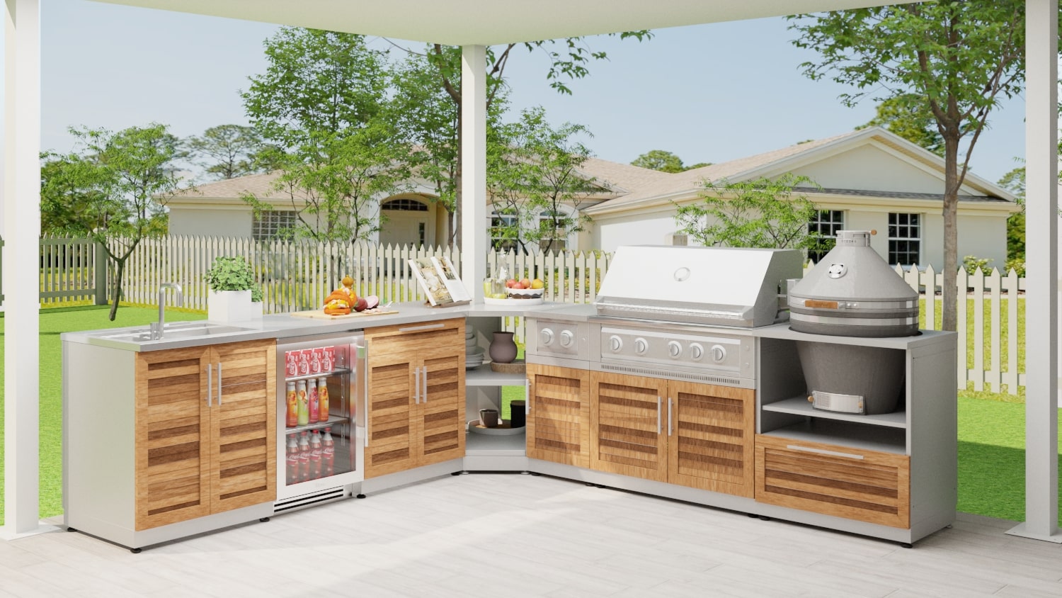 3D Rendering of L-Shaped Outdoor Kitchen Layout. Design by NewAge.