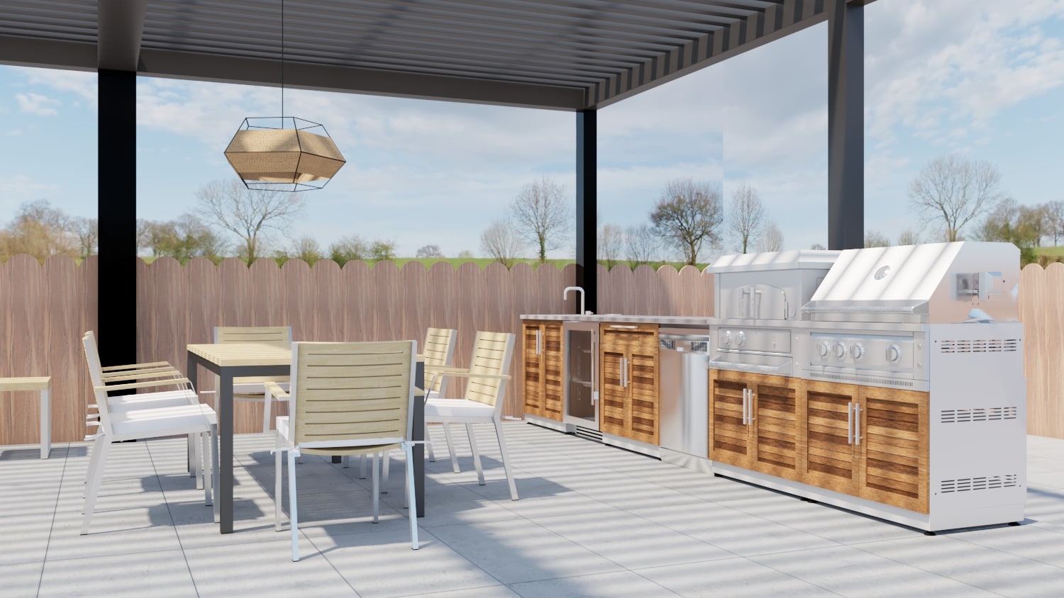 3D Rendering of a Single-Wall Outdoor Kitchen Layout. Design by NewAge.