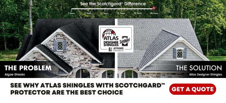 Atlas Roofing Pinnacle Sung Shingles with 3M™️ Scotchgard™️ Protector can retain their appeal by preventing ugly black streaks caused by algae.