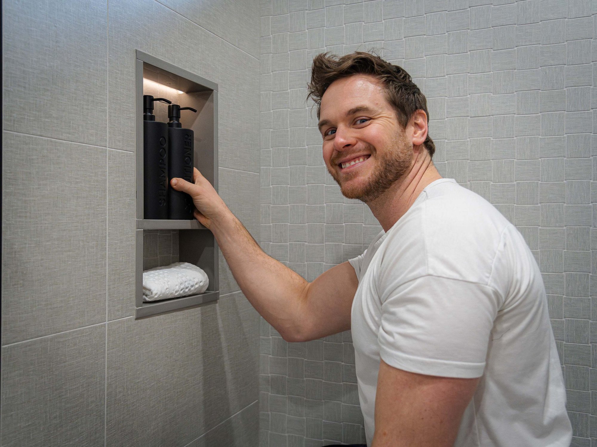 Michael Holmes with Schluter Prefabricated Light Up Shower Niche with Liprotech