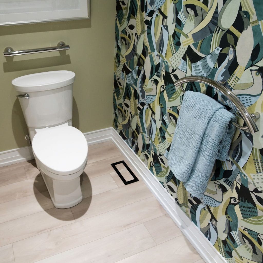 Powder Room Bathroom Renovation with vinyl flooring from Holmes On Homes: Building a Legacy new Mike Holmes show.