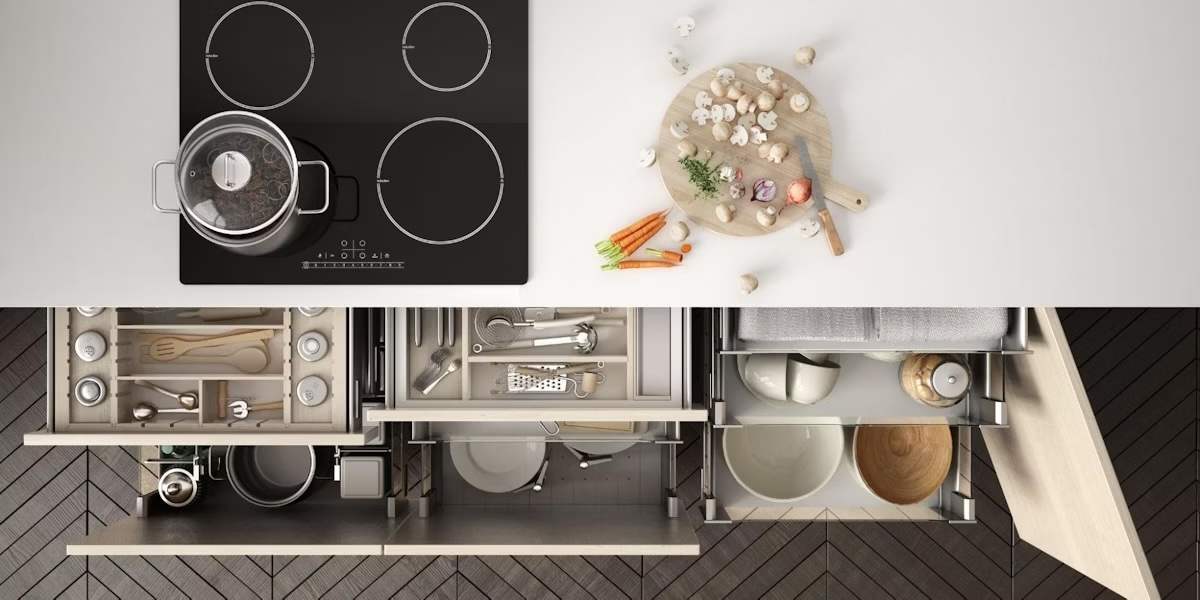 Image of custom kitchen cabinets with pull-out shelves extended, showcasing organized storage for easy access and improved visibility of items inside.